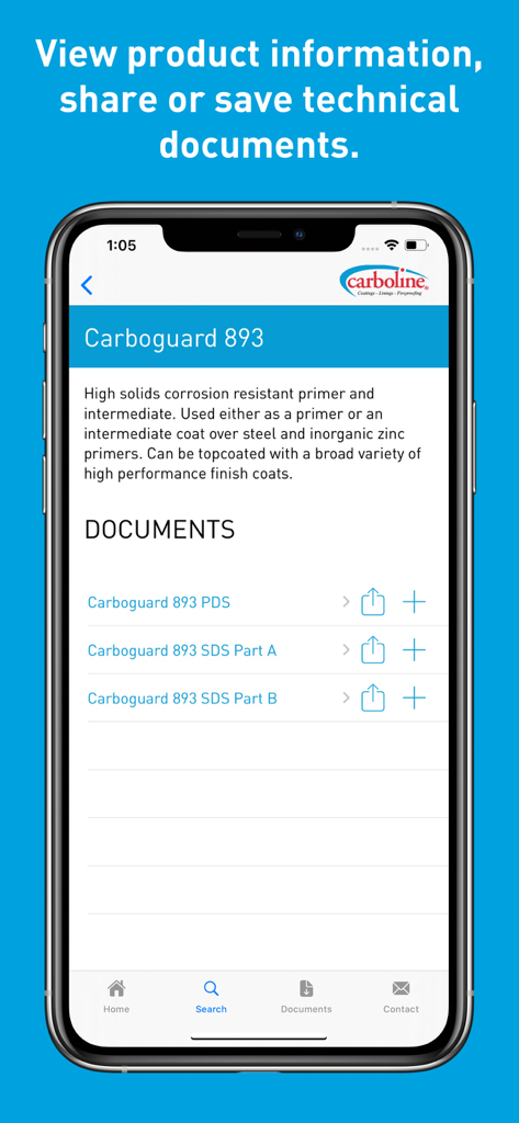 Carboline mobile app interface displaying Carboguard 893 product information and technical document download options