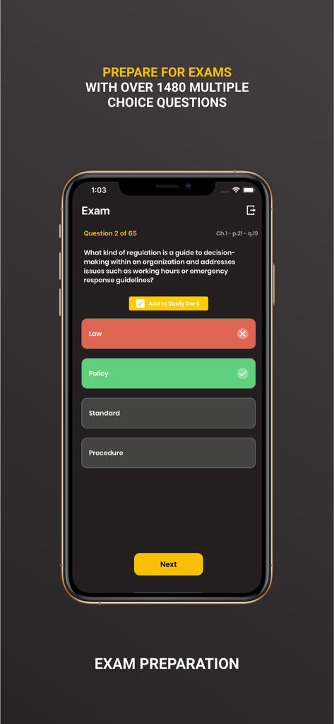 IFSTA Essentials 7 - IFSTA Essentials 7 app exam preparation screen featuring a multiple choice question with correct and incorrect feedback.