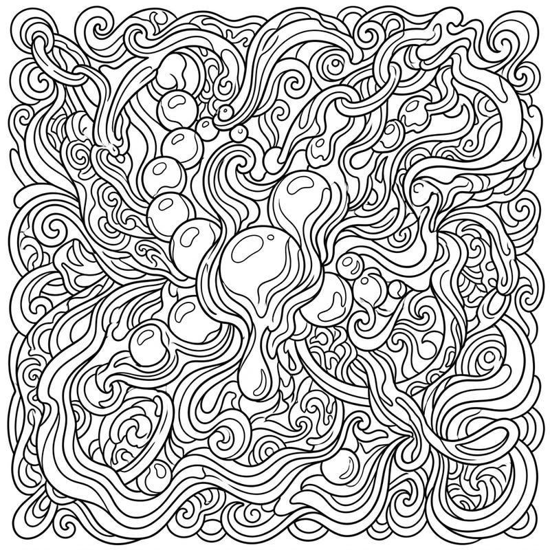 Explore a mesmerizing fusion of elegance and surrealism with this unique coloring template. Delve into a world where classic pearl jewelry meets trippy, flowing organic designs, perfect for adult coloring enthusiasts.
