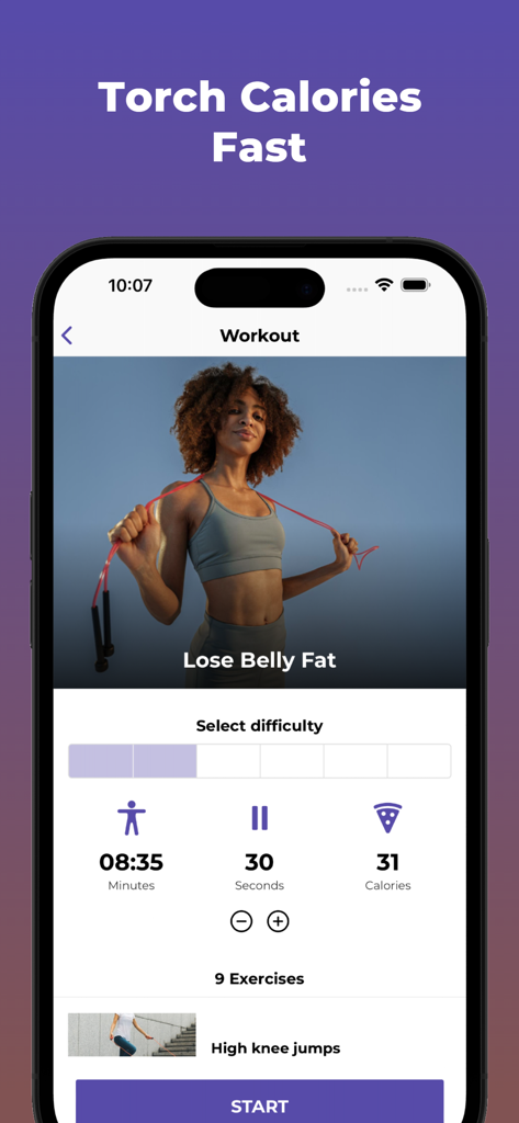 The 30 Day Jump Rope Challenge - A jump rope app interface showing a workout titled lose belly fat with time and calorie estimates