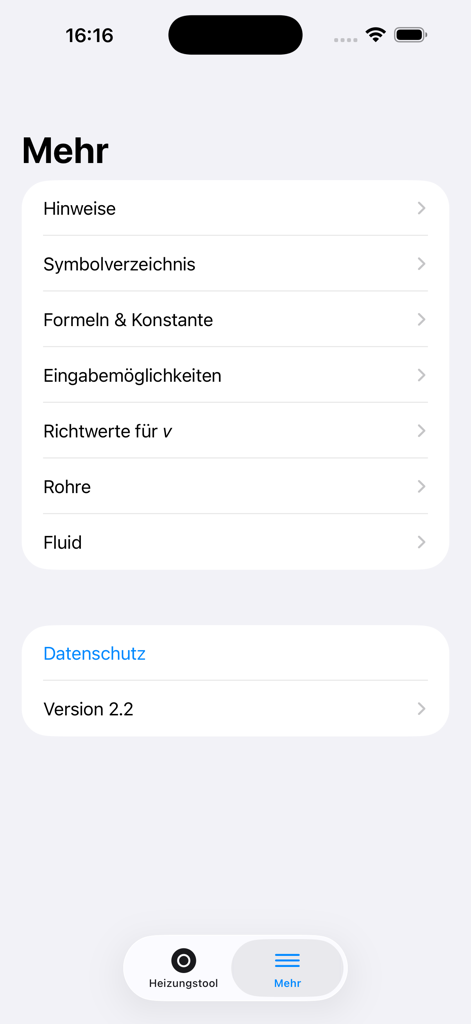 The settings and technical reference menu of the Rohrdimensionierung pipe sizing utility app.
