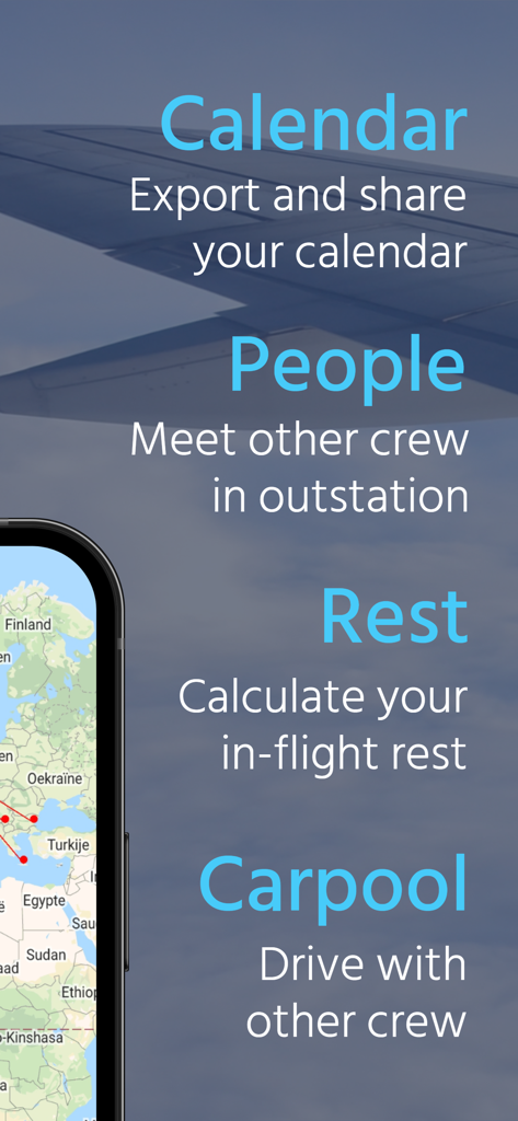 Ein Marketing-Screenshot für CrewLounge CONNECT, der wichtige Funktionen wie Kalenderfreigabe, Treffen von Crewmitgliedern, Ruhezeitberechnung und Fahrgemeinschaften zeigt.
