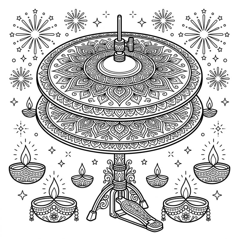 Get ready to celebrate the Festival of Lights with our unique Hi-Hat Cymbals Diwali coloring page. Adorned with beautiful rangoli and glowing diyas, this design brings rhythmic festivity to your fingertips.