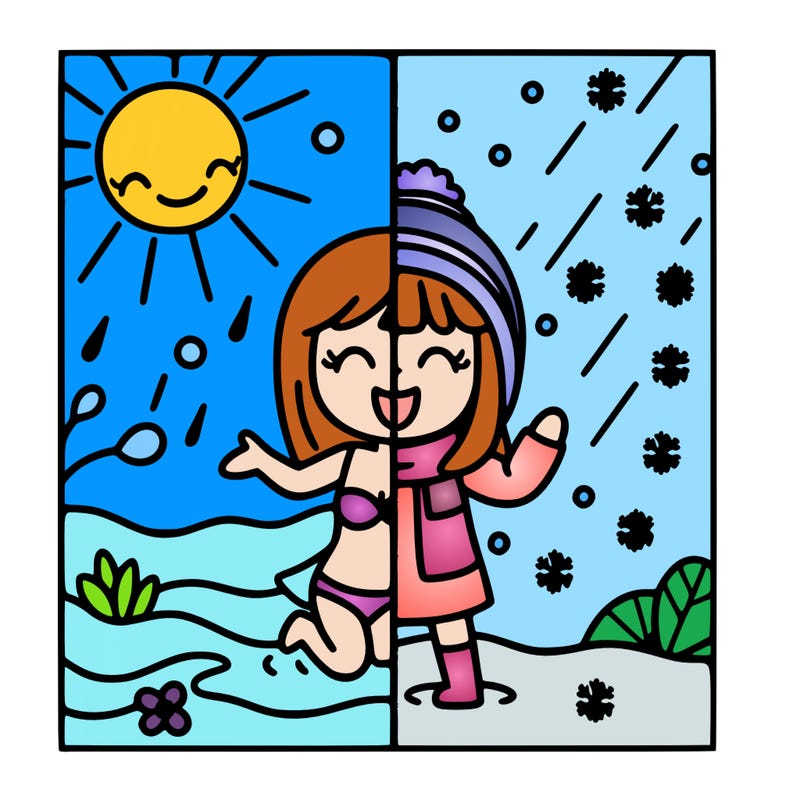 summer on one side and winter on the other side the whole thing is separated by a line and these are girls with the seasons