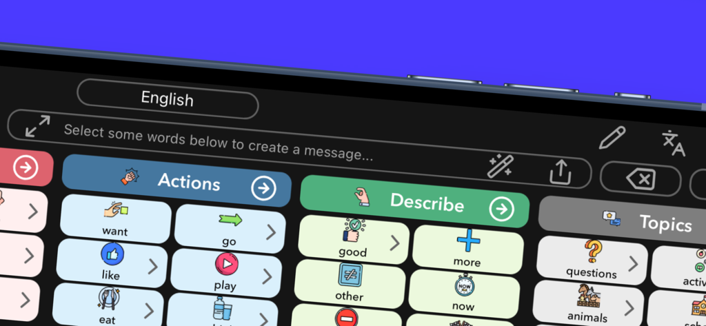 Flexspeak AAC - Flexspeak AAC app interface showing categorized communication buttons for actions and descriptions