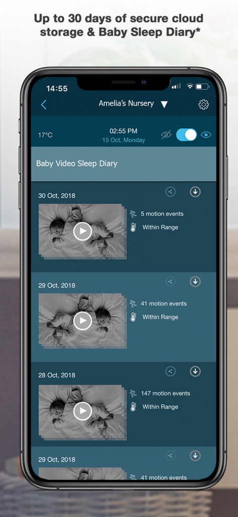 Pantalla de la aplicación Hubble Connected mostrando el diario de sueño del bebé y alertas de movimiento