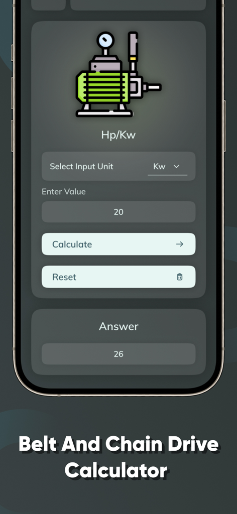 Pulley & Belt calculator - Screenshot of the horsepower and kilowatt calculation tool in the Pulley and Belt calculator mobile app