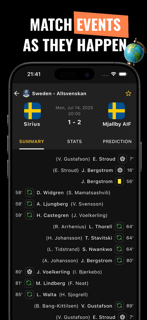 Mobile app interface showing real-time match events and summary for a soccer game
