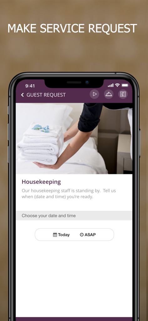 OKKAMI app screen showing a service request interface for housekeeping with options to schedule for today or as soon as possible