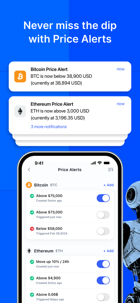 Écran de l'application CoinMarketCap montrant les notifications d'alertes de prix des cryptomonnaies et les paramètres pour Bitcoin et Ethereum