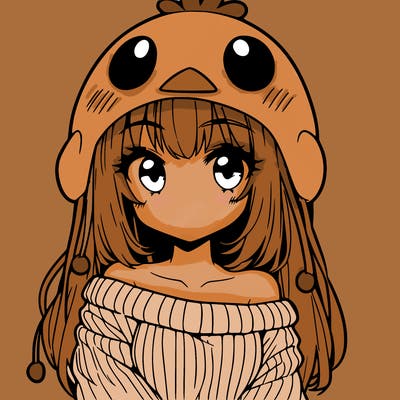 anime girl with chick shaped hat with sweater with bare shoulders with bangs covering them one eye with low tail