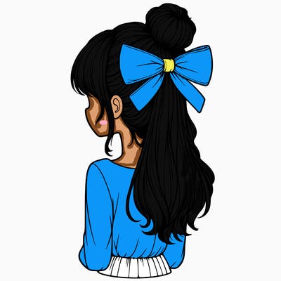 realistic girl  with hip length hair a bun and a big bow on the back of head