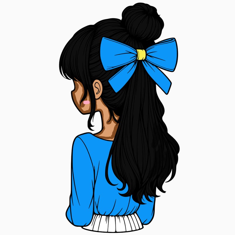 realistic girl  with hip length hair a bun and a big bow on the back of head
