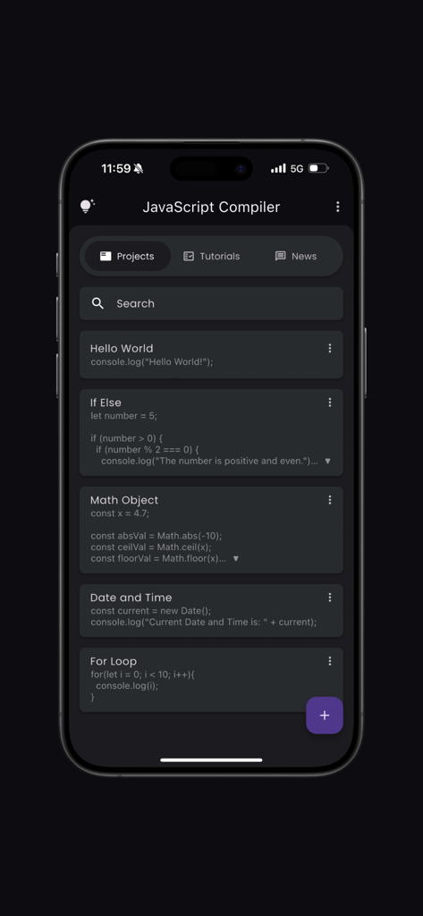 Le tableau de bord des projets de l'application JavaScript Compiler Pro montrant des extraits de code enregistrés comme Hello World et For Loop