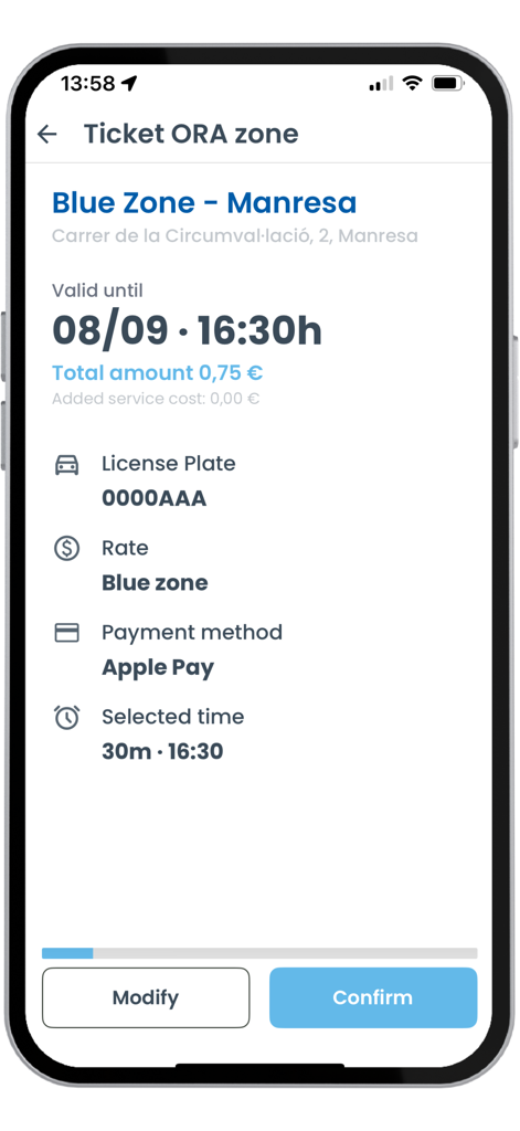 Aparca Manresa - A mobile app screen showing a parking ticket confirmation for the Blue Zone in Manresa with Apple Pay selected as the payment method.