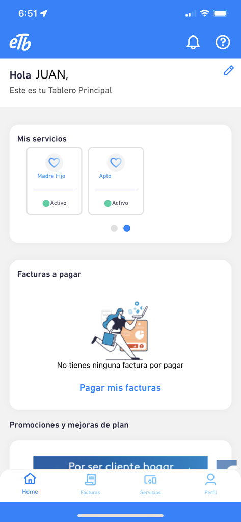 Mi ETB - Écran d'accueil de l'application Mi ETB affichant les services actifs et l'état de paiement des factures
