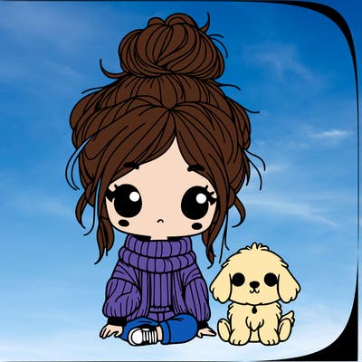 cute girl with messy bun and baggy sweater with a cute baby golden retriever
