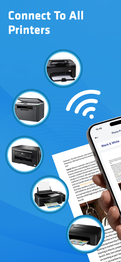Smart Printer App-Oberfläche zeigt, wie das iPhone für den Dokumentendruck mit verschiedenen kabellosen Druckermodellen verbunden ist