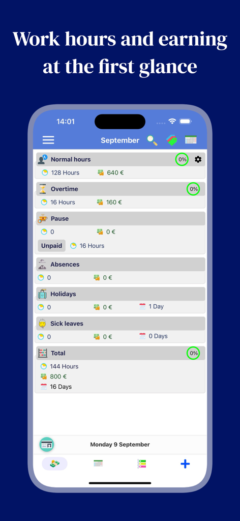 Working Hours 4b - Dashboard of Working Hours 4b app showing monthly work hours and earnings summary