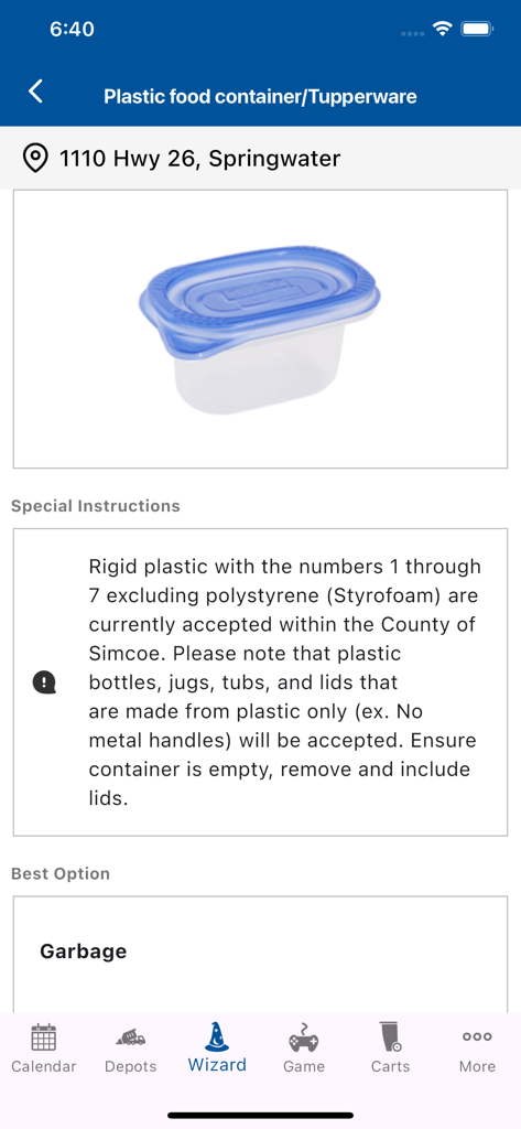 Waste Wizard search result in the Simcoe County Collects app showing disposal instructions for a plastic food container