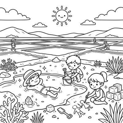 Dive into a unique summer experience with this charming coloring page, where kids discover the wonders of salt lakes. Featuring happy children playing and exploring, it's perfect for a creative and educational activity.