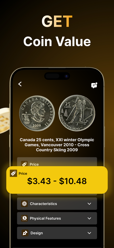 Coin Identifier: Scanner Value - Interfaz de la aplicación mostrando el valor de mercado de un cuarto de dólar olímpico canadiense