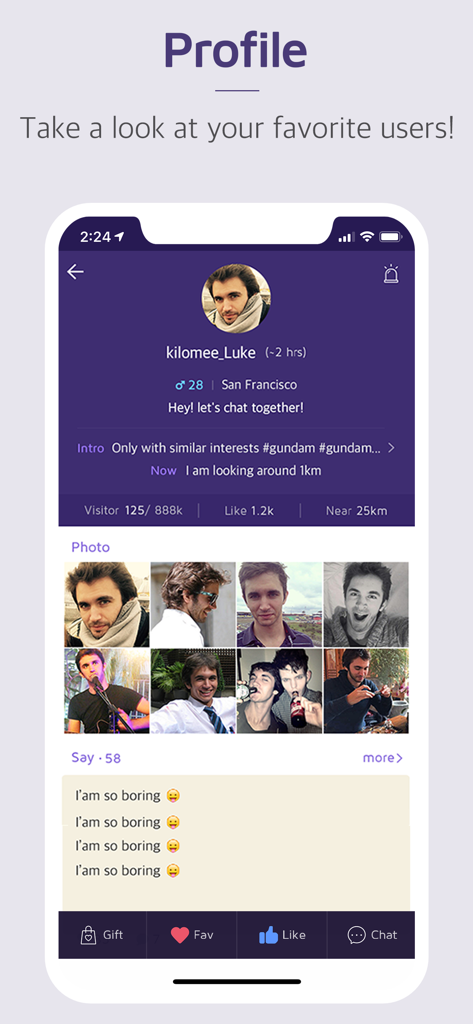 1km -New relationships, Groups - Interfaz de la aplicación móvil que muestra un perfil de usuario con fotos, ubicación en San Francisco y botones de interacción social como chat y me gusta.