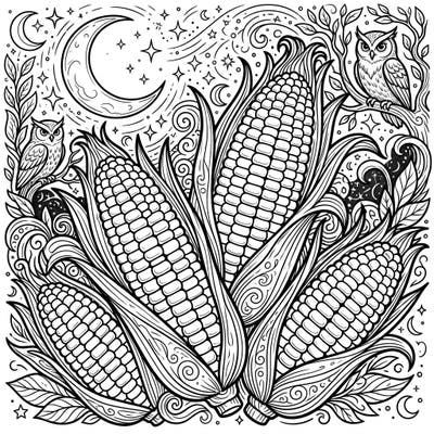 Immerse yourself in a serene nocturnal landscape where bountiful corn meets the magic of the night sky. This intricate coloring page invites you to bring to life a scene filled with wise owls, sparkling stars, and a luminous crescent moon.
