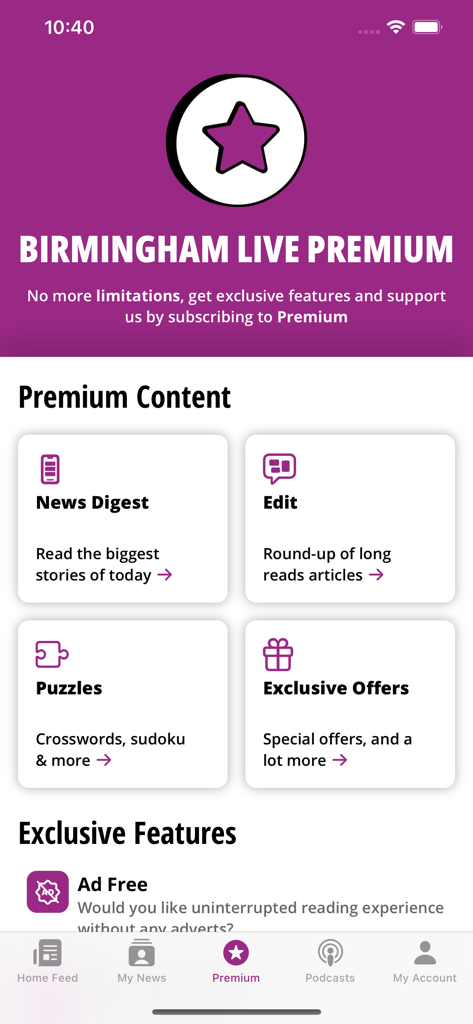 Birmingham Live - Birmingham Live app premium subscription page showing features like news digest and puzzles