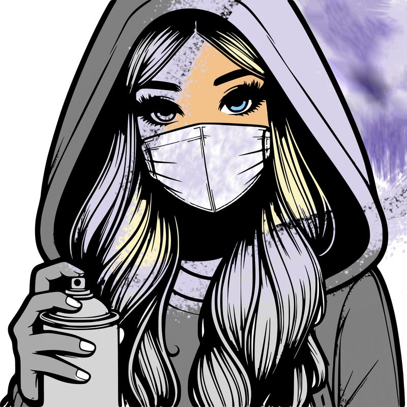 girl wearing a mask with long hair with her hood up spray-painting realistic
