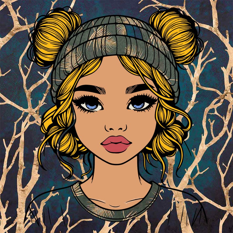 realistic girl with buns in her hair with a beanie on