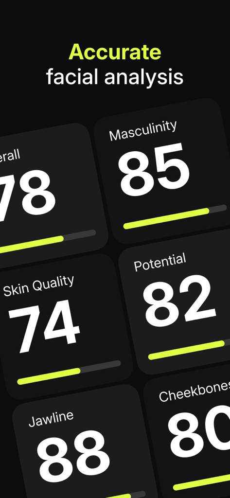 Alpha Aura: Looksmax & Umax AI - Screen showing AI scores for masculinity skin quality potential jawline and cheekbones in the Alpha Aura app