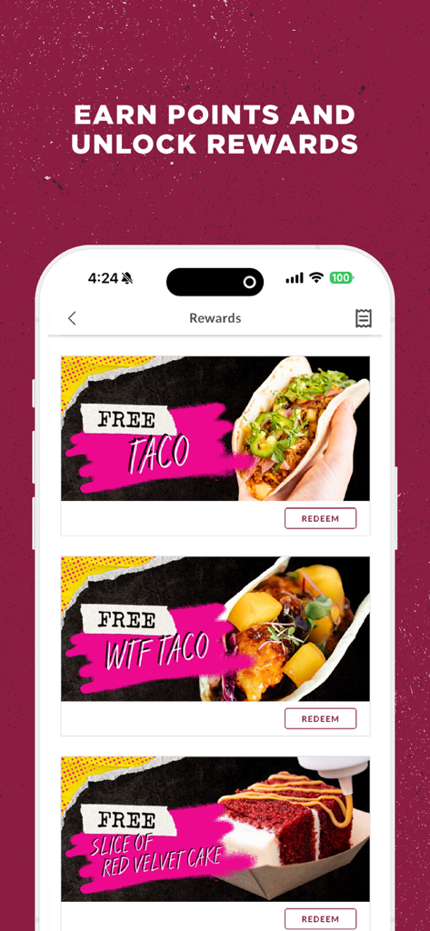 Velvet Taco - Velvet Taco app rewards page showing free food offers for loyalty members