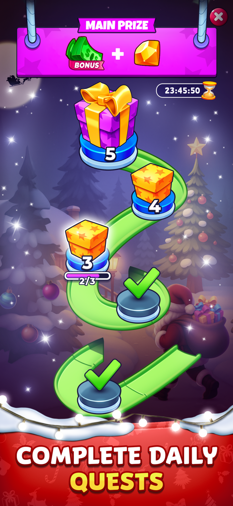 Solitaire Smash app screen showing daily quests progress path with Christmas theme and cash prizes