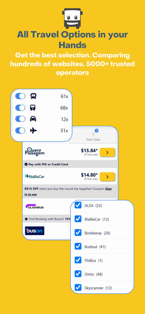 CheckMyBus interface comparing bus, train, carpool, and flight options.