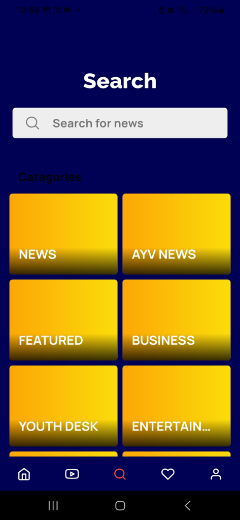 AYV NEWS - Search screen of the AYV NEWS app displaying category tiles for news business and youth desk.
