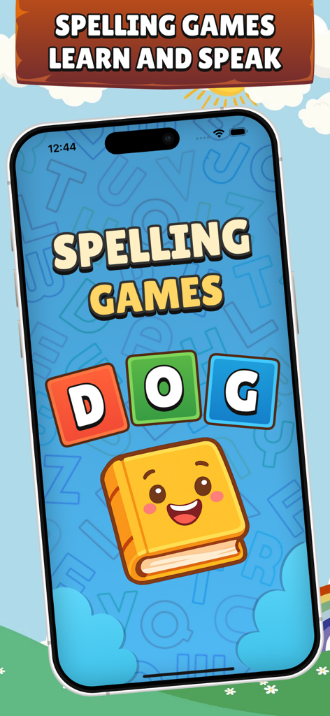 Spelling Games - Learn to Read - La pantalla de título de la aplicación Juegos de Ortografía que muestra un personaje de libro feliz y fichas de letras deletreando la palabra perro.