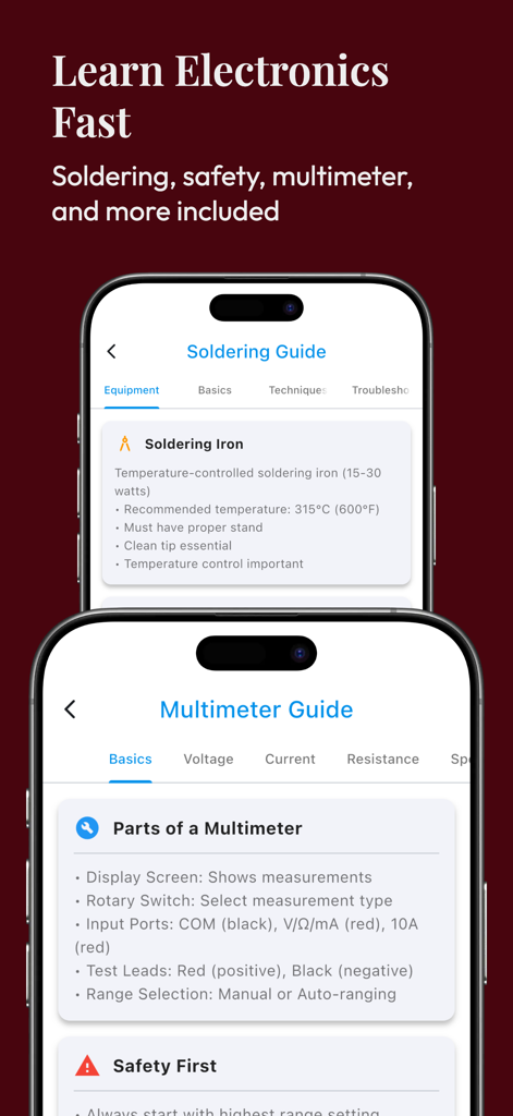 Ohmify - electronics tools - Ohmify app screenshot showing educational guides for soldering and using a multimeter