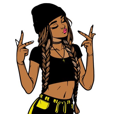 realistic teenage girl with braids and a beanie and crop top doing 🫶🏼