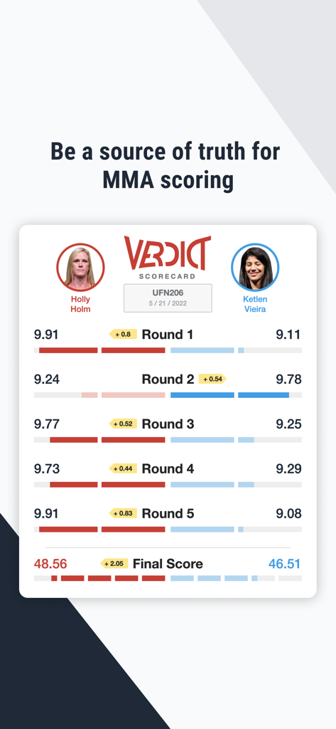 Verdict MMA Picks & Scoring - Verdict MMA app interface displaying a round by round fight scorecard
