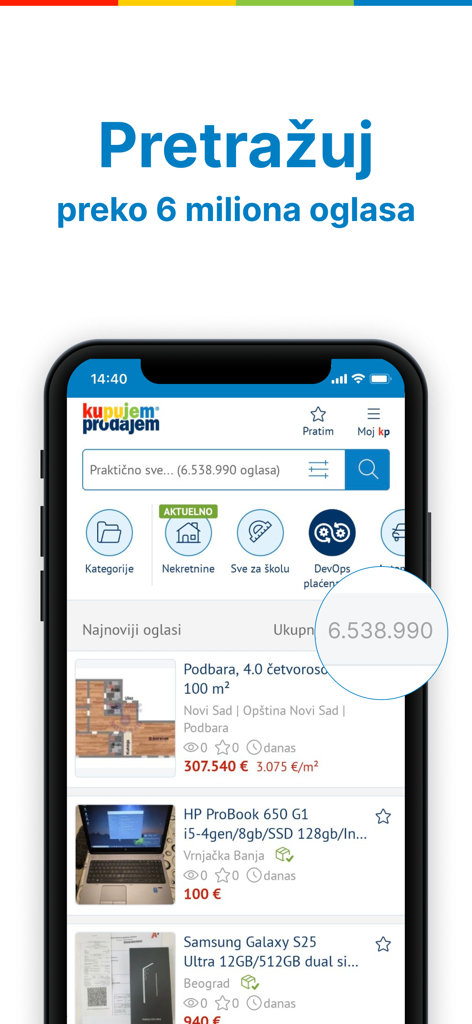 KupujemProdajem - KupujemProdajem app mobile screen showing various classified ads for real estate electronics and smartphones in Serbia