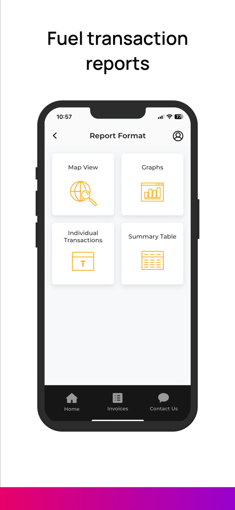 Radius Velocity - Radius Velocity App-Oberfläche, die Optionen für das Format von Tanktransaktionsberichten anzeigt, wie Kartenansicht und Grafiken