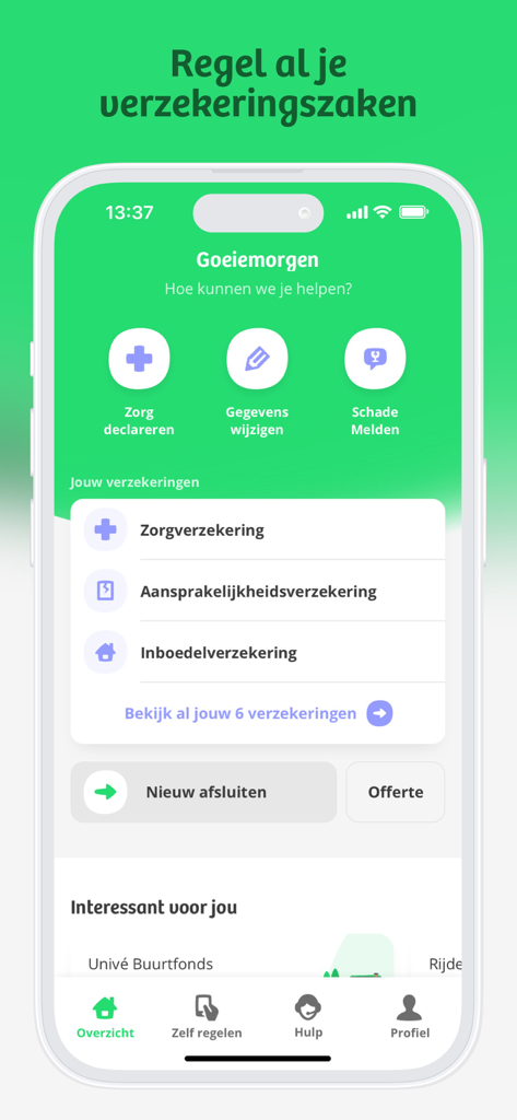 The dashboard of the Unive mobile app displaying insurance policies and management options in Dutch