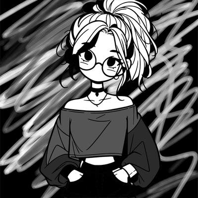 girl with a messy ponytail glasses a baggy crop top and jean shorts