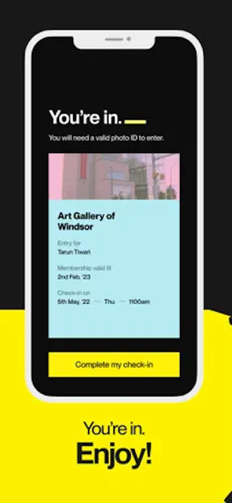 Canoo - Canoo 모바일 앱 화면으로, 윈저 미술관에 대한 성공적인 체크인 확인을 보여줍니다.