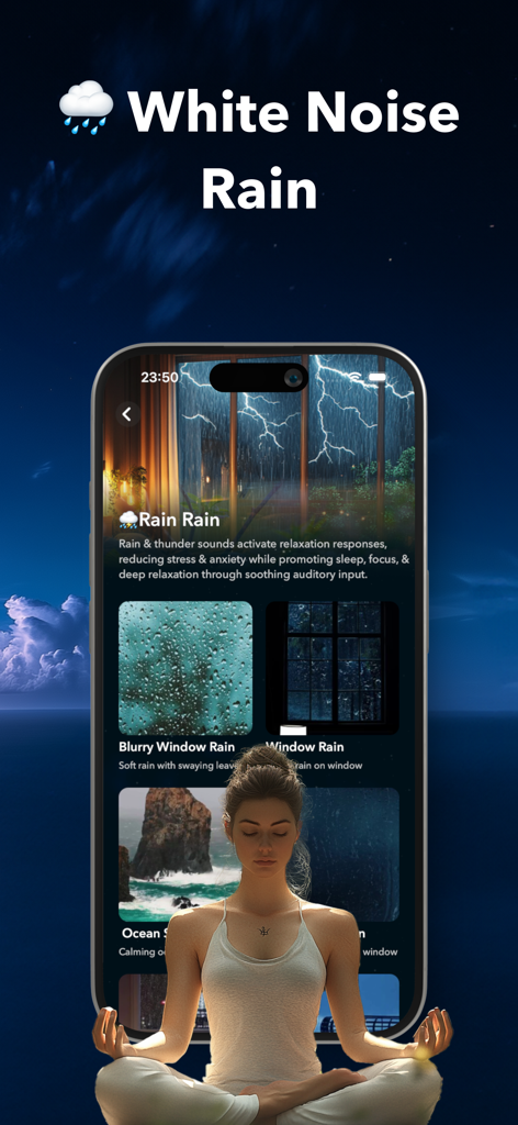 Thunderstorm Sleep Sounds - A woman meditating in front of an iPhone showing the Nook app white noise rain soundscapes.
