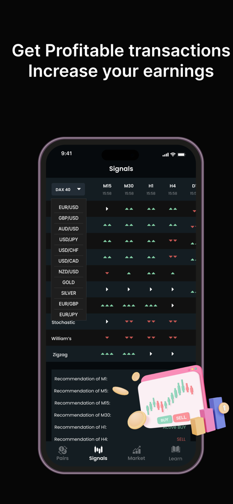 Forex Signals Tracking - Live - Dashboard mobile di un'app di trading che mostra segnali forex in tempo reale e indicatori di analisi di mercato
