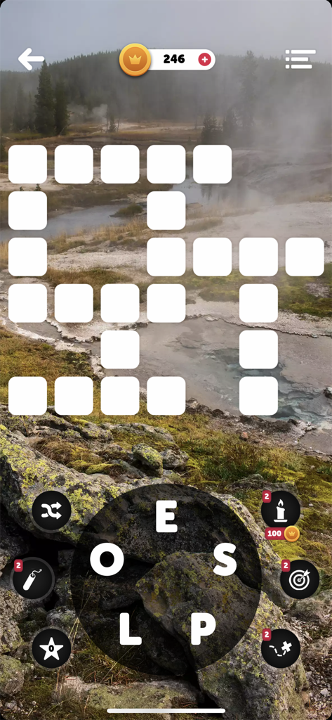 Ein Kreuzworträtselgitter und ein Buchstabenrad überlagern eine malerische Naturlandschaft in der mobilen App Words of the World.