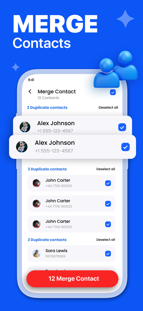 Interfaz de la aplicación Duster que muestra cómo fusionar contactos duplicados para limpiar el almacenamiento del teléfono