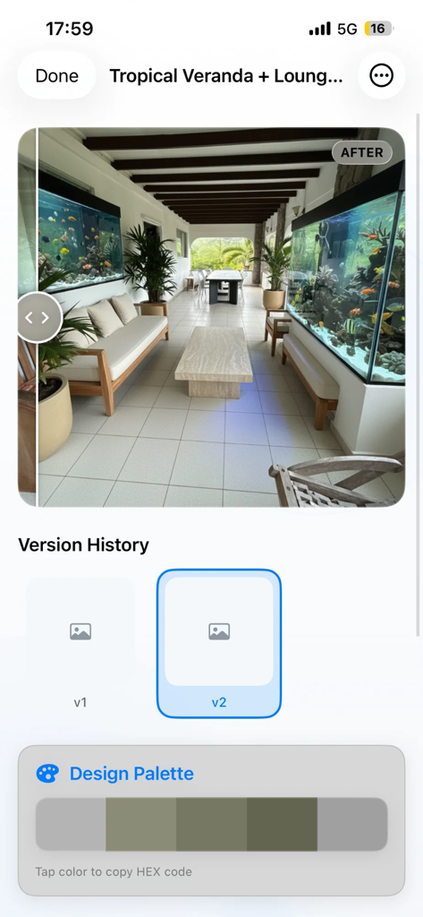 Room Lift - Screenshot der Room Lift App, der eine KI-neugestaltete tropische Veranda mit einer integrierten Design-Farbpalette und Versionshistorie zeigt.